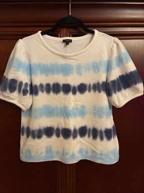 Talbots White Tie-Dye Tee with Light and Dark Blue Stripes